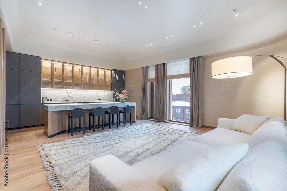Image showcasing Magnificent interior design of the studio apartment with panoramic ...