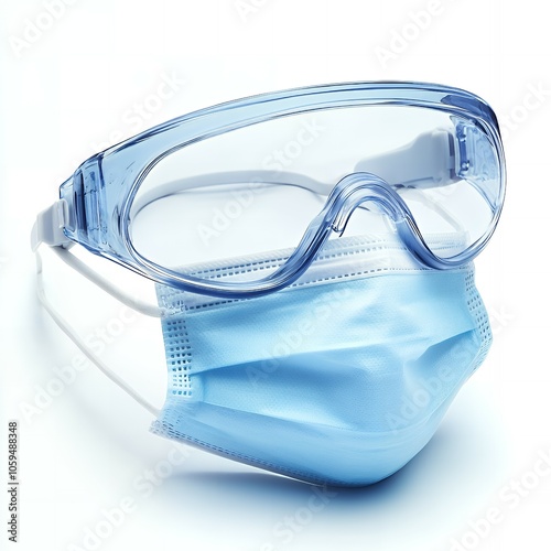 Safety goggles and face mask on white background. photo