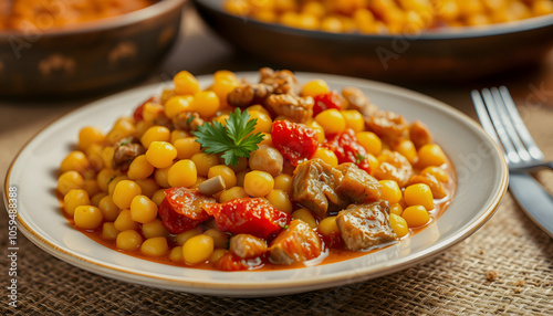 Khoresh Gheymeh yellow split peas, saffron, tomato paste, diced meat, and sun-dried lime are the main ingredients of this delicious stew closeup on a plate on the table. Horizontal isolated with whi photo