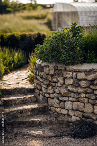 Rustic stone staircase in greenery photo