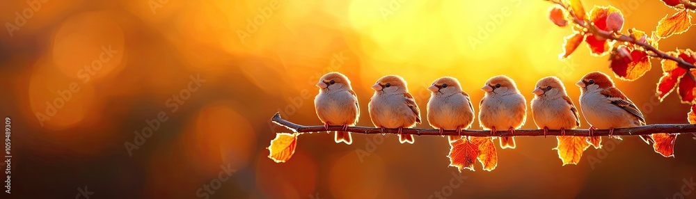 Birds perched on a branch against a colorful autumn sunset background. Birds perched on a branch against a colorful autumn sunset background.
