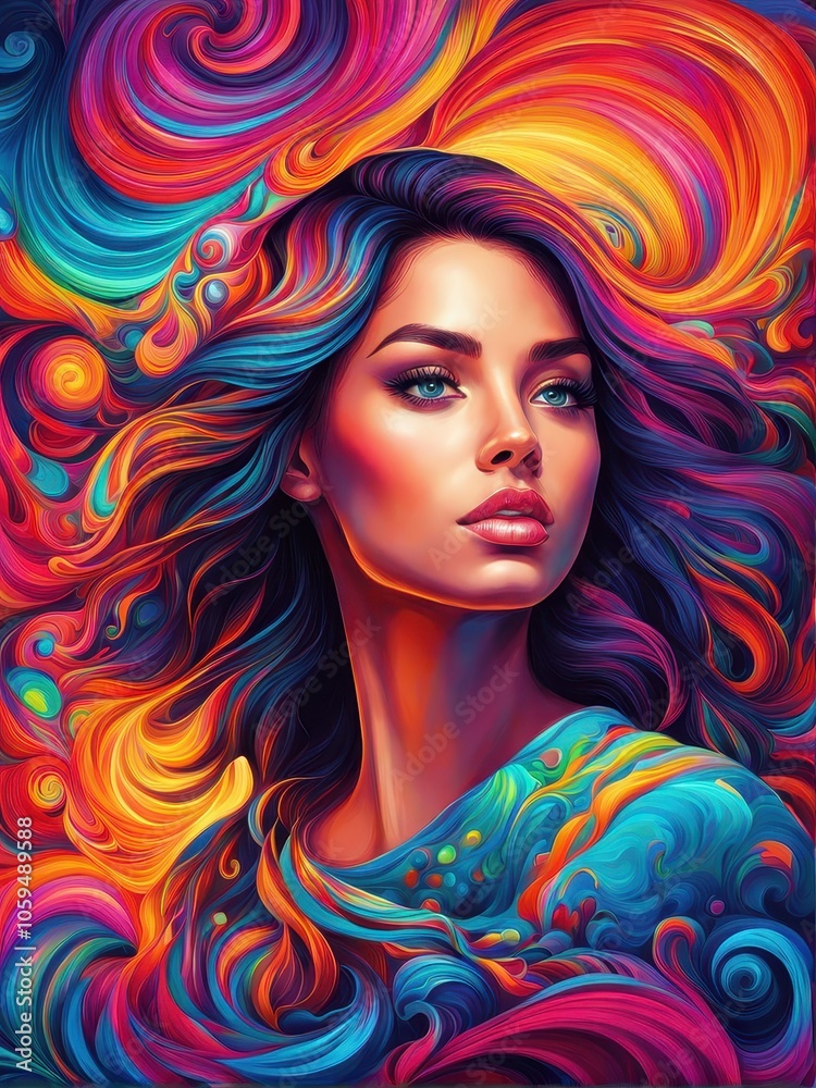Fototapeta premium A vibrant portrait of a woman with colorful flowing hair against a swirling background.