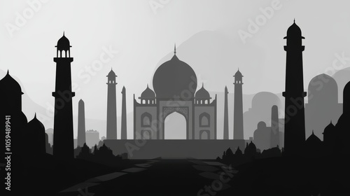 Silhouettes of the Taj Mahal and other buildings against a foggy sky. photo