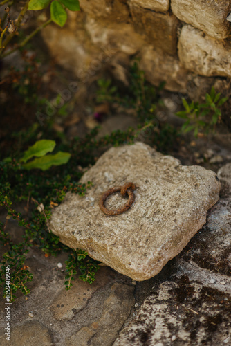 Old stone with rusted iron ring in garden photo