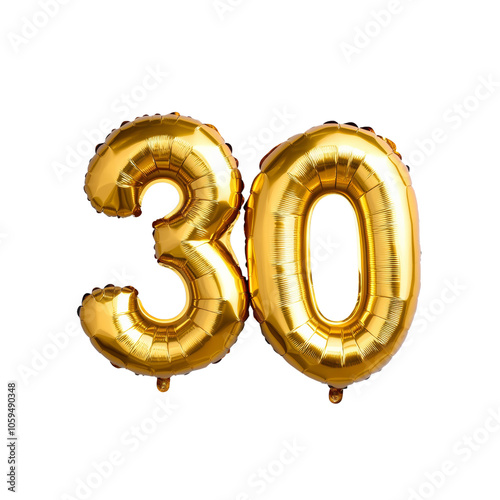 Shiny golden foil balloons shaped like the number 30, perfect for 30th birthday, anniversary celebrations, or festive decor. isolated PNG transparent background.