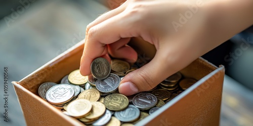 A person placing coins into a charity donation box promoting charity initiatives and the power of giving back photo