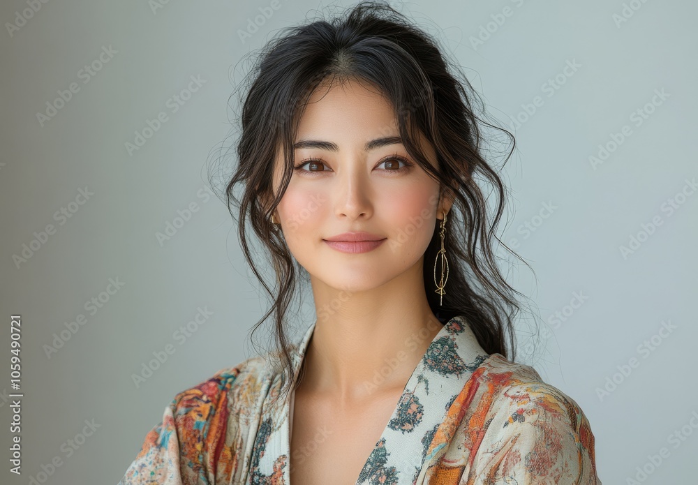 長い髪とイヤリングをつけた美しいアジア人女性のファッションポートレート 長い髪とイヤリングをつけた美しいアジア人女性のファッションポートレート