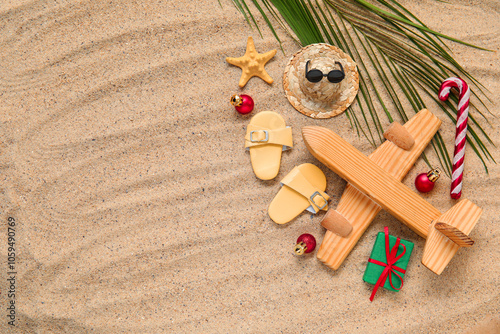 Wooden airplane, palm leave...