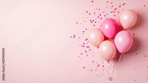 pastel pink balloons with vibrant confetti on matching background, with copy space for text