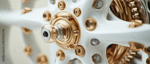 Close-up of a white and gold wheel hub with intricate details. photo