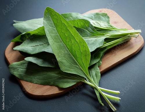 garden sorrel or rumex acetosa leaves on wooden board photo