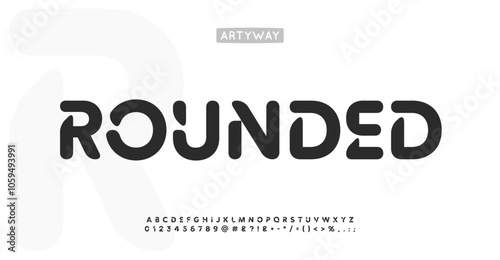 Rounded alphabet, smooth letters with cutouts, friendly font for tech logo, creative headline, contemporary branding, title. Modern soft, approachable typographic design. Vector type.