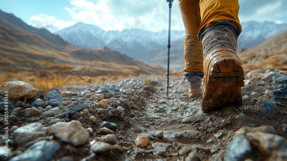 A person walks along a muddy trail surrounded by rocky terrain and majestic mountains. The cloudy sky adds a dramatic backdrop to the outdoor adventure. A person walks along a muddy trail surrounded by rocky terrain and majestic mountains. The cloudy sky adds a dramatic backdrop to the outdoor adventure.