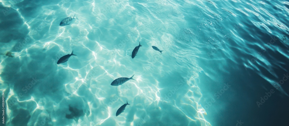 Fototapeta premium A top-down view of crystal clear blue water, with sunbeams shining through, illuminating several fish swimming beneath the surface.