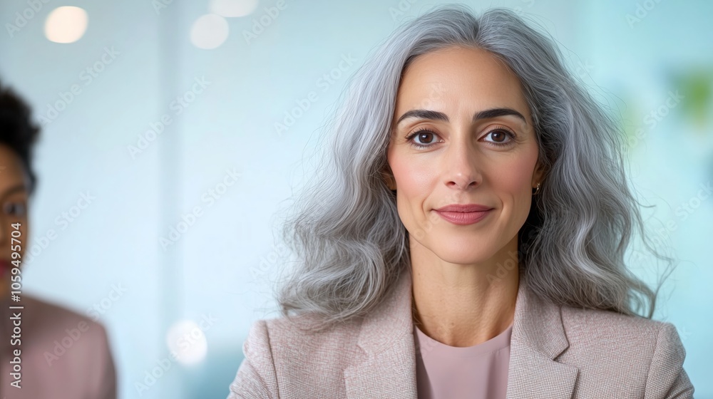 Fototapeta premium Portrait of a smiling business person with white hair, exuding confidence and approachability,