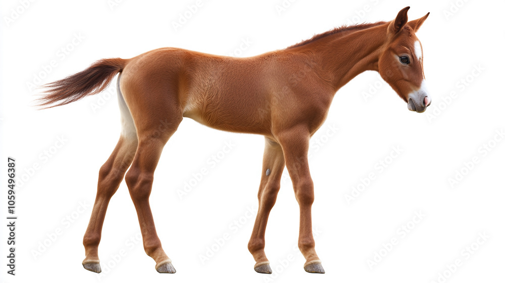 Obraz premium Cute Brown Foal Horse Standing Isolated on White Background