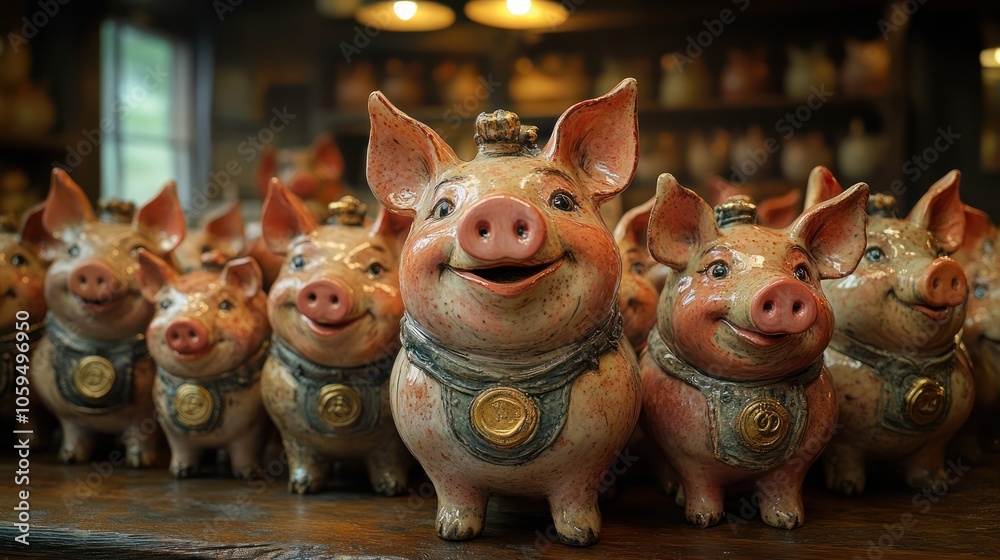 Obraz premium A row of ceramic pig figurines with crowns and medals, on a wooden table.