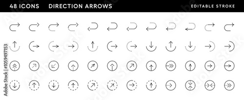 Arrow icon set. Direction arrows, navigate, turn right, turn left, curved right, import, export and more. Editable stroke. Pixel Perfect. Grid base 32px.