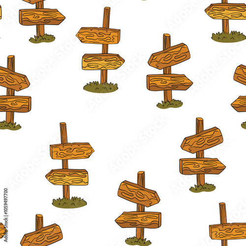 Seamless pattern with hand drawn road signs. Wooden signs with arrows. Nice design. Cartoon vector illustration for fabris, textile