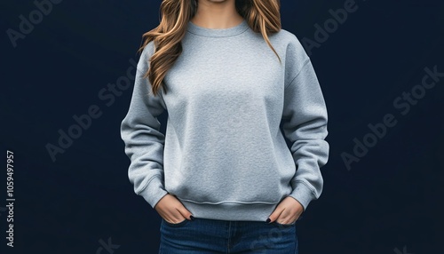 Casual styling showcase of a woman in a grey sweatshirt mockup illustrating a comfortable and trendy look for various fashion applications. Woman shirt mockup. photo