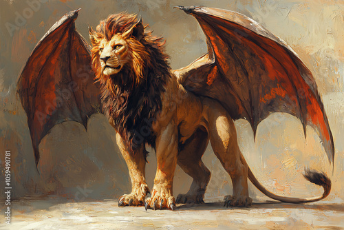 Winged lion with dark mane and bat-like wings standing proudly.
