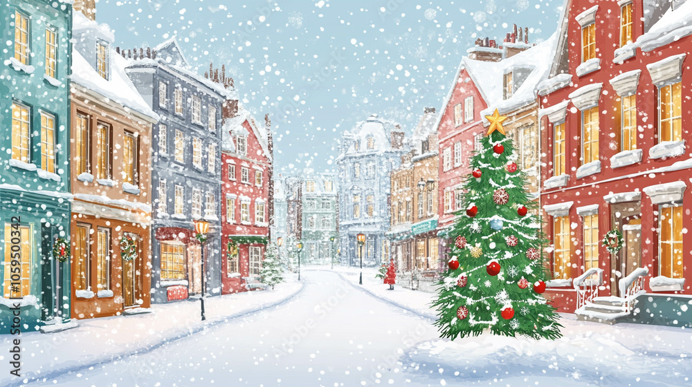 Fototapeta premium Illustration of a charming European city in the winter season with Christmas décor