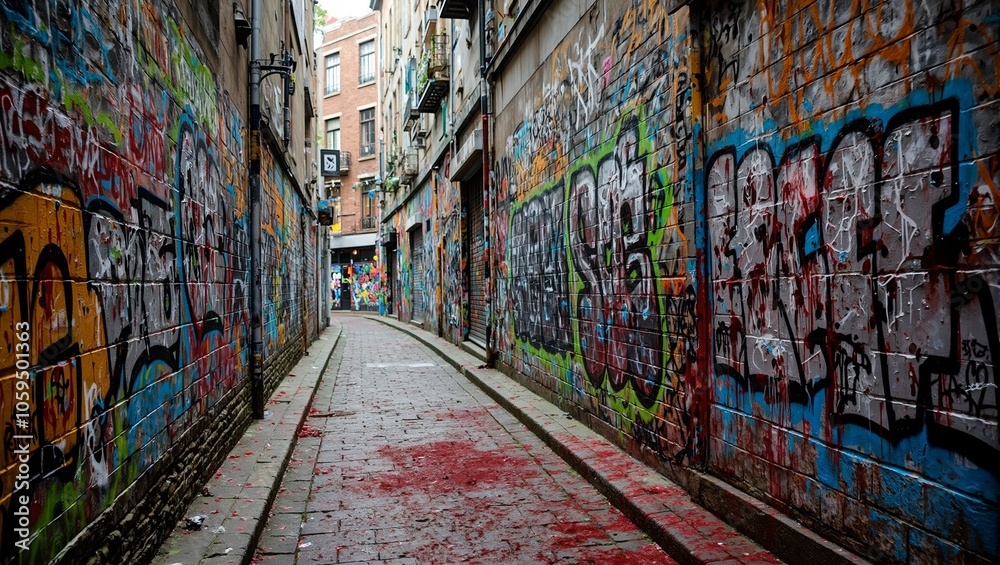 Naklejka premium Gritty urban alley with bloody graffiti art