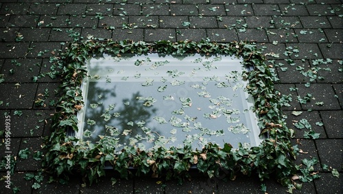 Skylight on roof obscured by damp leaves photo