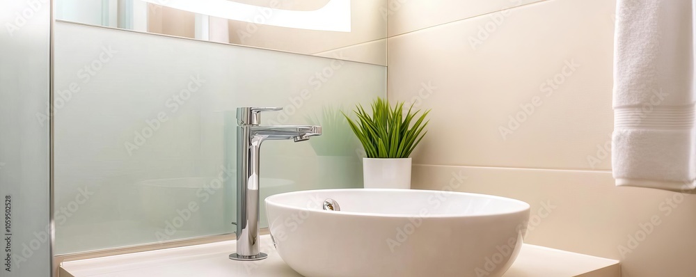 Fototapeta premium Bathroom with frosted glass and chrome fixtures, soft light, modern vibe