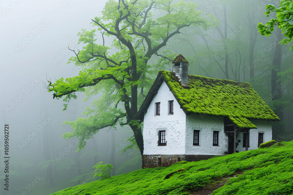 Fototapeta premium ancient stone cottage in misty forest, moss covered walls 