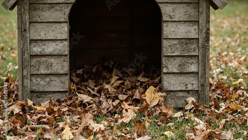 Neglected doghouse filled with scattered leaves creating a cluttered and messy appearance