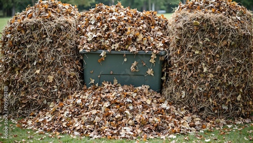 Overflowing compost bin with leaves spilling messily around