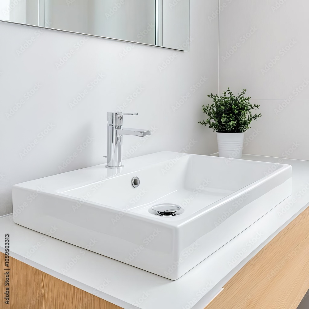 Fototapeta premium Compact sink with minimalist fixtures, modern bathroom design, efficient