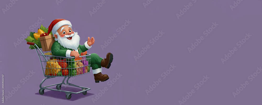 Naklejka premium Santa Claus is sitting in a grocery cart with groceries on a lilac background