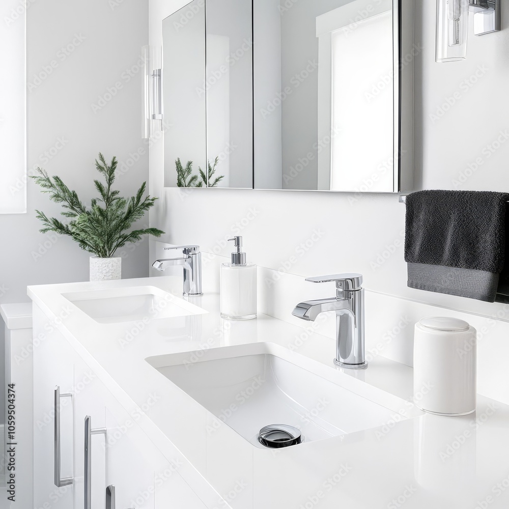 Fototapeta premium Dual vanity with chrome fixtures, clean and modern bathroom design