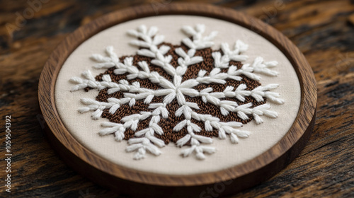 Hand stitched Snowflake Embroidery in Wooden Hoop Winter Crafts Decor