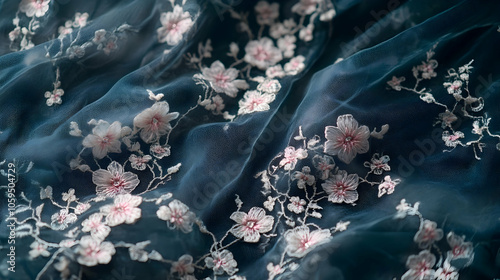 Charming floral lace fabric with delicate embroidery, soft texture background embodying femininity