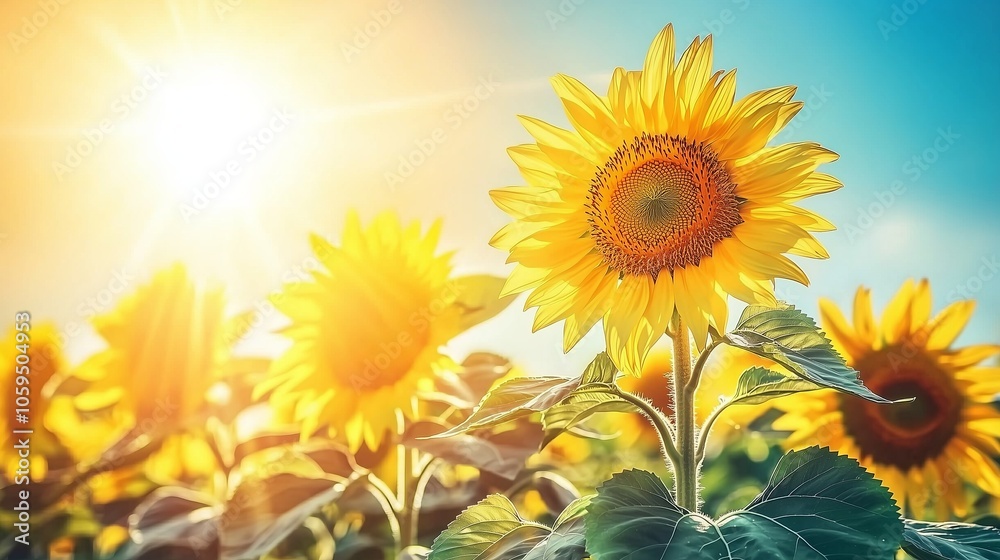 Obraz premium Sunbeams illuminate a field of blooming sunflowers