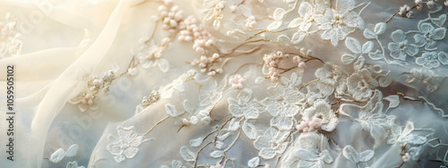 Charming floral lace fabric with delicate embroidery, soft texture background embodying femininity