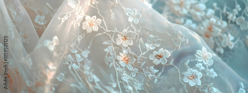 Charming floral lace fabric with delicate embroidery, soft texture background embodying femininity