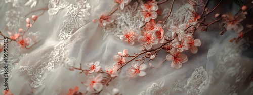 Charming floral lace fabric with delicate embroidery, soft texture background embodying femininity