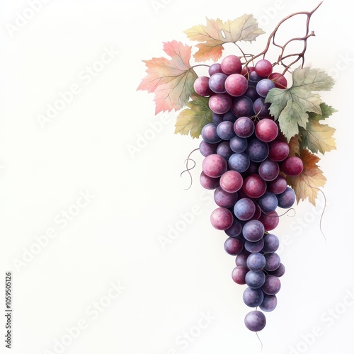 A beautifully illustrated bunch of ripe grapes hanging from a vine, showcasing rich colors and intricate details, Ideal for food-related content, health blogs, or wine industry promotions, photo