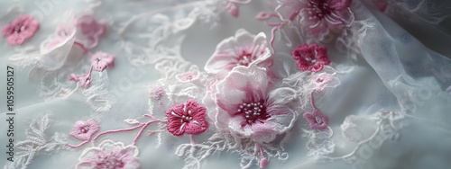 Charming floral lace fabric with delicate embroidery, soft texture background embodying femininity