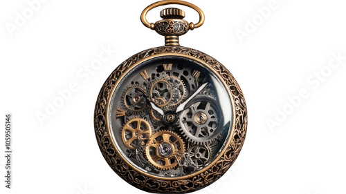 photo of a steampunk pocket watch with intricate gears and metallic details, realistic style, transparent background, photo