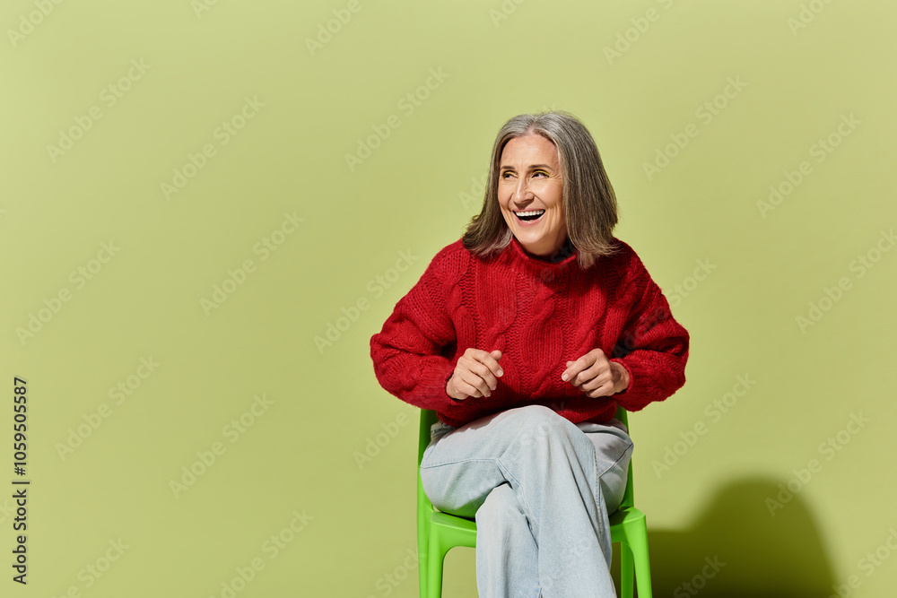 Fototapeta premium A radiant mature woman with grey hair smiles while dressed in a cozy red sweater against a vibrant green wall.