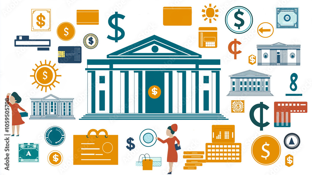 Obraz premium A building with columns, surrounded by dollar signs and other financial symbols.