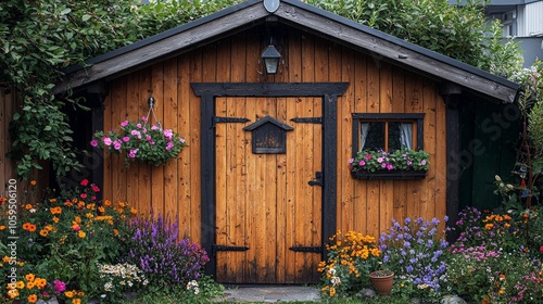 A charming wooden garden shed surrounded by colorful flowers and greenery.