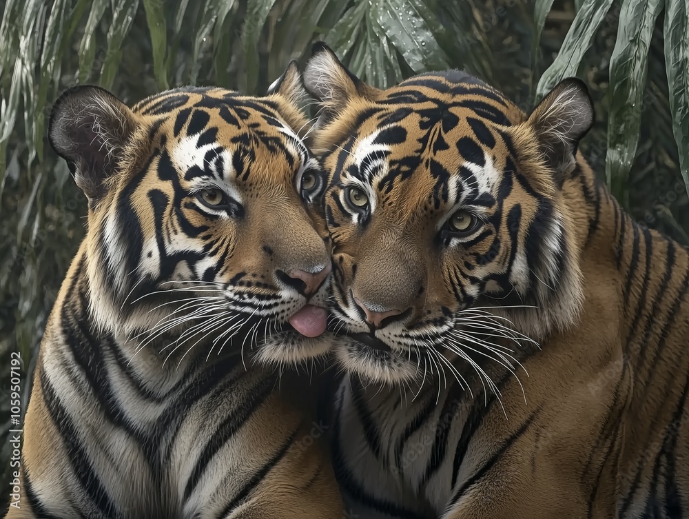 Obraz premium Two tigers nuzzle noses in a lush green jungle