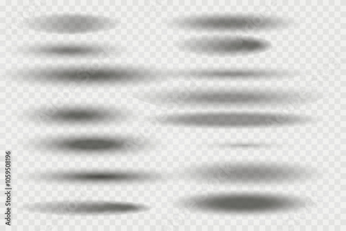 Different realistic round shadow, soft shapes on transparent background. Gray circular and ellipse shadows set. Vector illustration