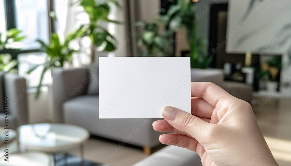 Obraz premium Hand holding a blank business card mockup featuring a sleek design, ideal for showcasing branding concepts and personal presentation in a professional setting. Perfect for networking.